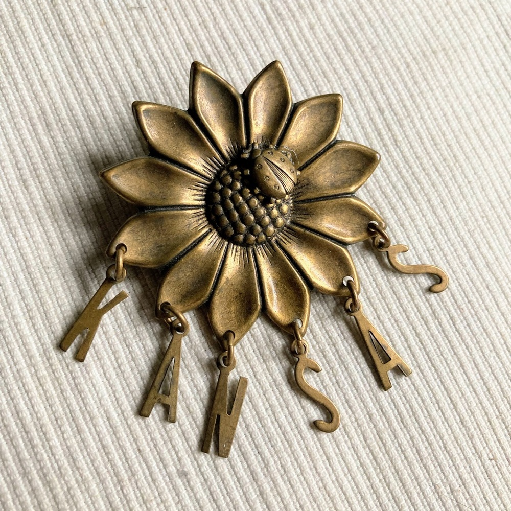 Vintage Kansas Sunflower Ladybug Dangling Letters Brass Brooch Pin - Picture 2 of 6